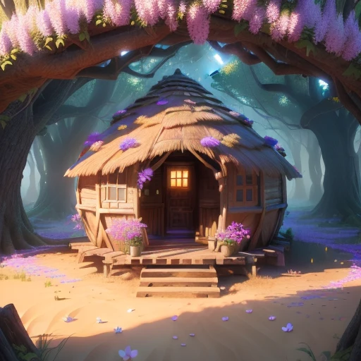 a small rustic hut, made of straw and mud, the home that resides in his heart. African grasslands with characteristic trees of Africa, 8K resolution with hyper-detailed design, digital painting, trending on ArtStation. soft light universe background, digital painting, trends on ArtStation, sharp focus and art works by Artgerm. Created using Unreal Engine 5 with hyper-realistic cinematic photography, --ar 4:3 --v 1 --v 2