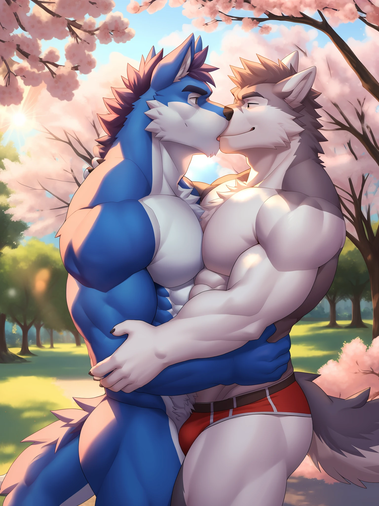 Two men (muscular): anthro-wolf, anthro-dragon: kissing, hugging: park: good lighting (sunshine): trees (sakura): high detail (8k):