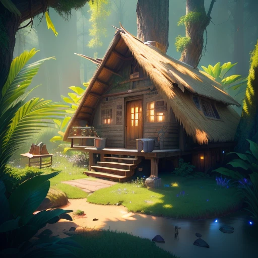 a small rustic hut, made of straw and mud, the home that resides in his heart. African grasslands with characteristic trees of Africa, 8K resolution with hyper-detailed design, digital painting, trending on ArtStation. soft light universe background, digital painting, trends on ArtStation, sharp focus and art works by Artgerm. Created using Unreal Engine 5 with hyper-realistic cinematic photography, --ar 4:3 --v 1 --v 2