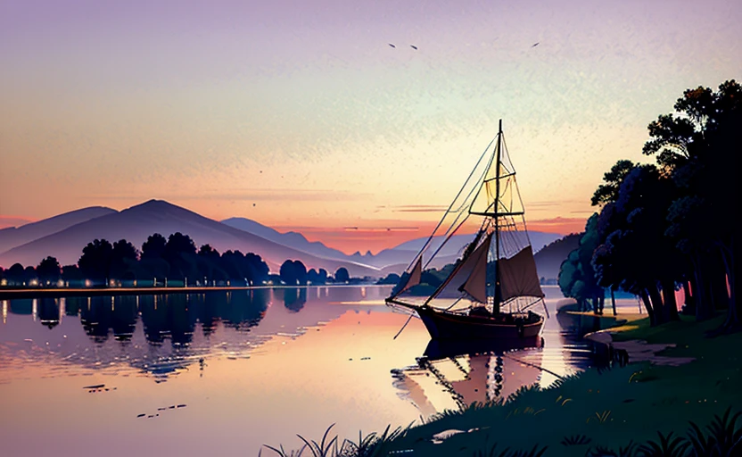 EXtparameters art by Fernand Cormon, Lake and Celtic Paddle boat, at Twilight, waning light, (masterpiece, top quality, best, official art, beautiful and aesthetic:1.2),