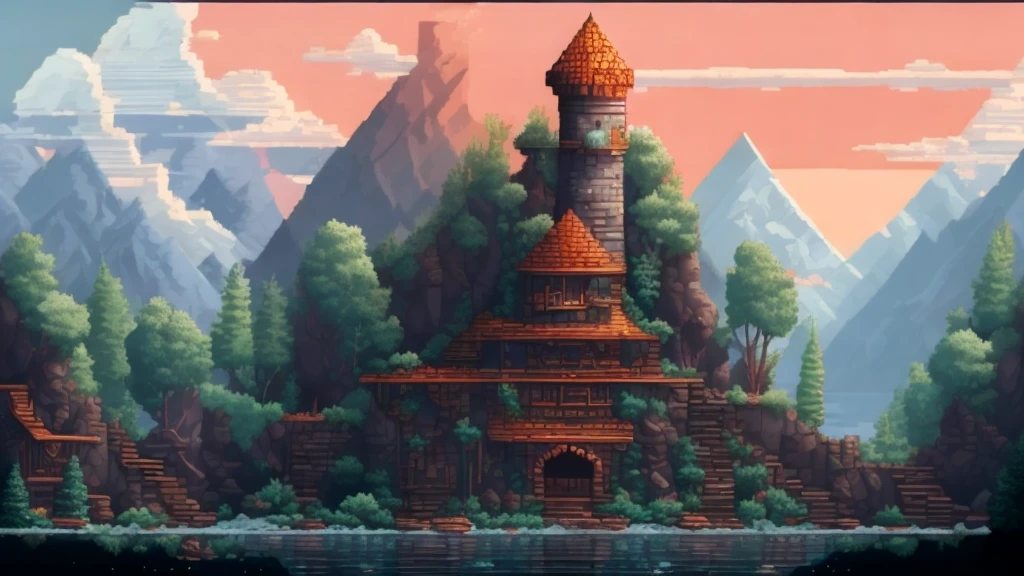 stylized photorealistic A photo of a magnificent castle with tall stone walls, fortresses, and distant mountains, with a sunset scene. , video game concept art,