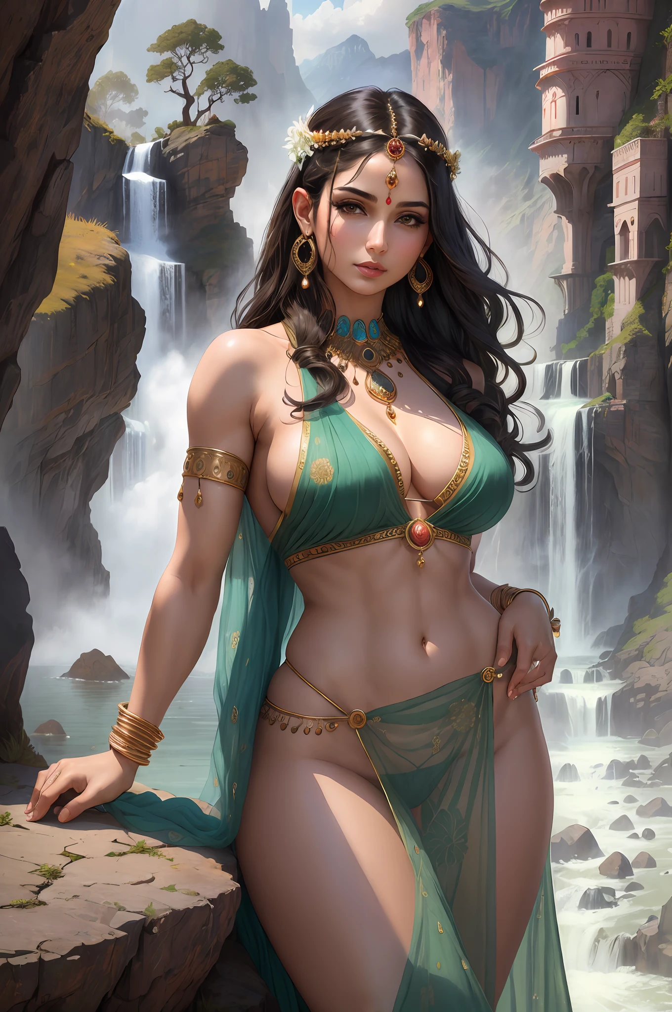 ((realistic:1.5)),((best quality)), ((masterpiece)),((detailed)), (1girl), {a beautiful female wearing a Sari}, (upper body:1.3),super-wide-angle lens,face focus, mature,sexy,toned muscles,long legs,curvy, barefoot, oversized firm breasts, open cleavage, drooping breasts, thick thighs,wide hips, thin legs, green eyes,long black hair,floting hair,long eyelashes, (detailed face,beautiful eye, detailed pupilss,detailed clothes features, clear background:1.3), (Bindi,Jhumkas:1.3), (Armlet, Haar, Payal,Maang Tikka,Jhumkas,Kamarband,Bangles:1.3), mysterious ancient ruin, lush forests, deep canyons,bridge,river,cliff,cloud, lakes,rock,waterfalls, flowers, grass, fog,vine,tree, smoke, best shadow,bright details,sharp,perfect composistion, Intricate, Sharp focus, dramatic, by Frank Frazetta,by Julie Bell,by Olivia De Berardinis,by Luis Royo,by boris vallejo, (specular lighting:1.3),rim light, princesses, royal skimpy underwear, hugging and touching each other, teasing her friend