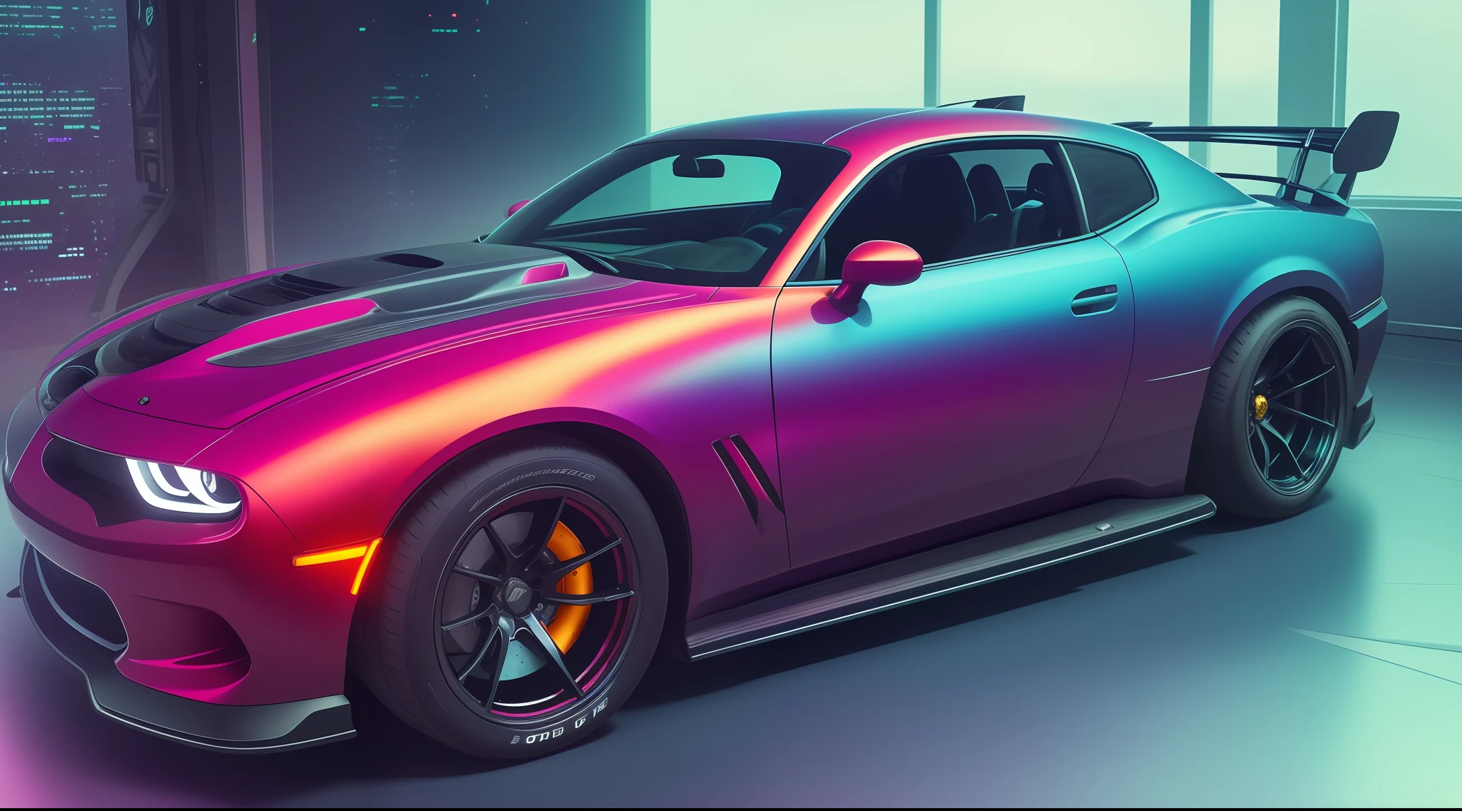 close up, a car, in the cyberpunk style, cinematographic, (((hdr))), crafted, elegant, meticulous, magnificent, maximum details, extremely hyper aesthetic, intricately detailed, dodge hellcat