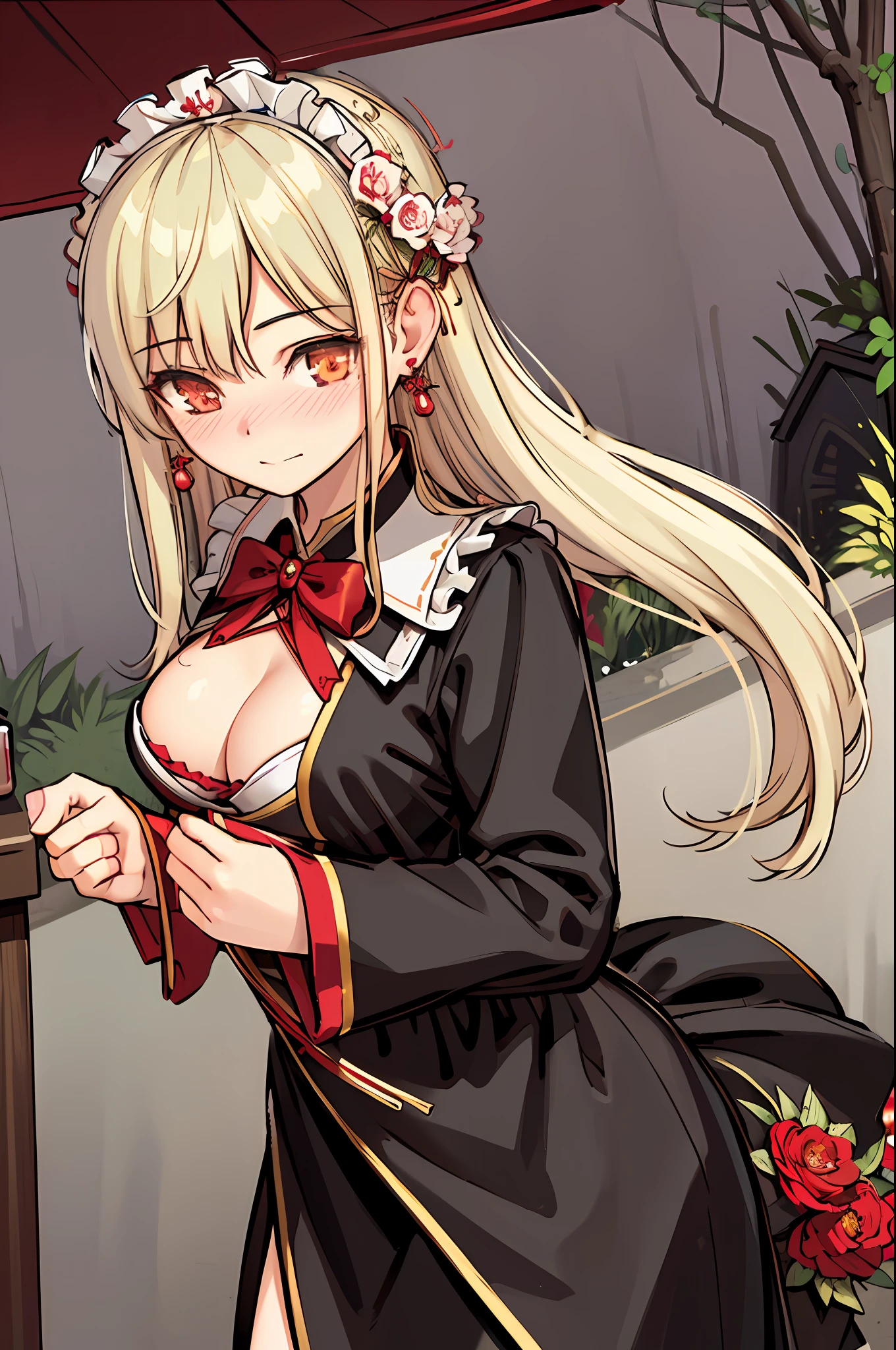 ultra realistic 8k cg, masterpiece, intricate detail,best quality, 1girl, long hair, eye highlights, sharp eyes, red and white chinese dress, best quality, 1girl, solo, looking away, heavy blush, shy, small cleavage, jewelry, earrings, manga line art, full body, garden shrine bg