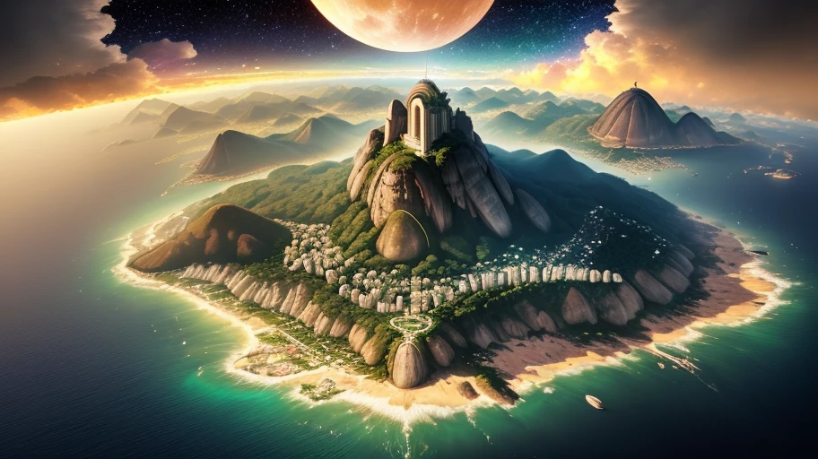 image from above of a rio de janeiro in the view of the post apocalyptic sugar loaf, destroyed city with debris, trees and forest with fires everywhere, night colors with a big moon in the starry sky