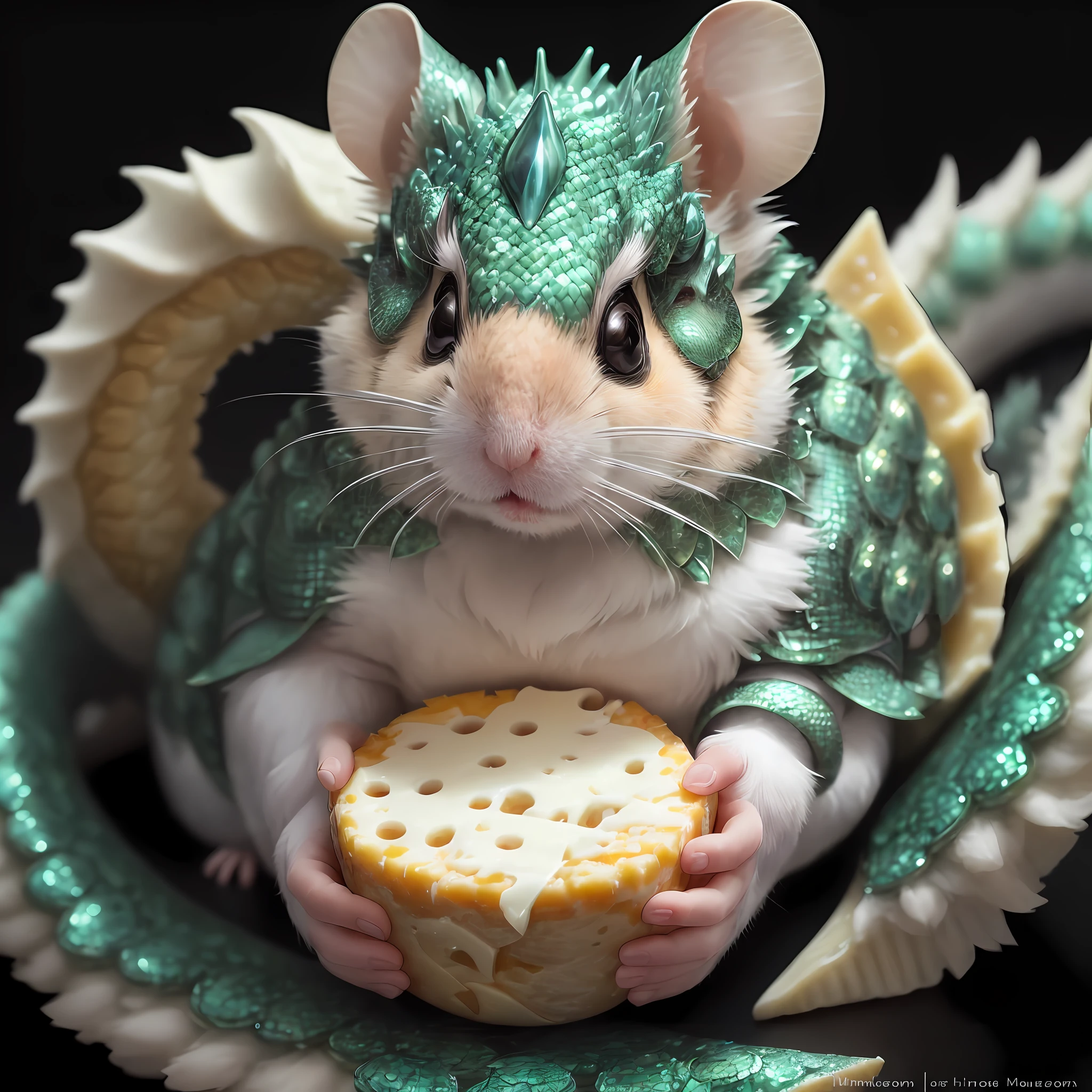 A majestic Hamstersdragon with stunning plumage, mesmerizing wide eyes, and shimmering scales, indulging in a savory piece of cheese.