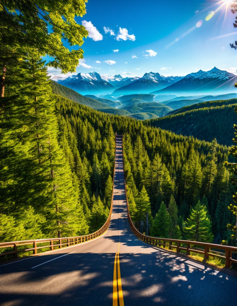 A bird's eye view of a mountain road in the mid-west, with a small wooden bridge in the distance, rendered in a photorealistic style. The road is winding its way through the mountains, and the bridge is just visible over the treetops. The scene is rendered in such a way that it looks like a photograph, with realistic lighting and shadows. The colors are vibrant and the details are sharp. The image is both beautiful and peaceful, and it evokes a sense of adventure and exploration.