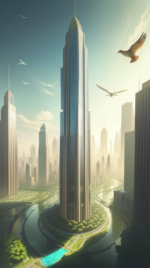 1970s scifi concept art, A sprawling cityscape where towering skyscrapers are interwoven with verdant vegetation and meandering rivers, birds flying freely among the buildings