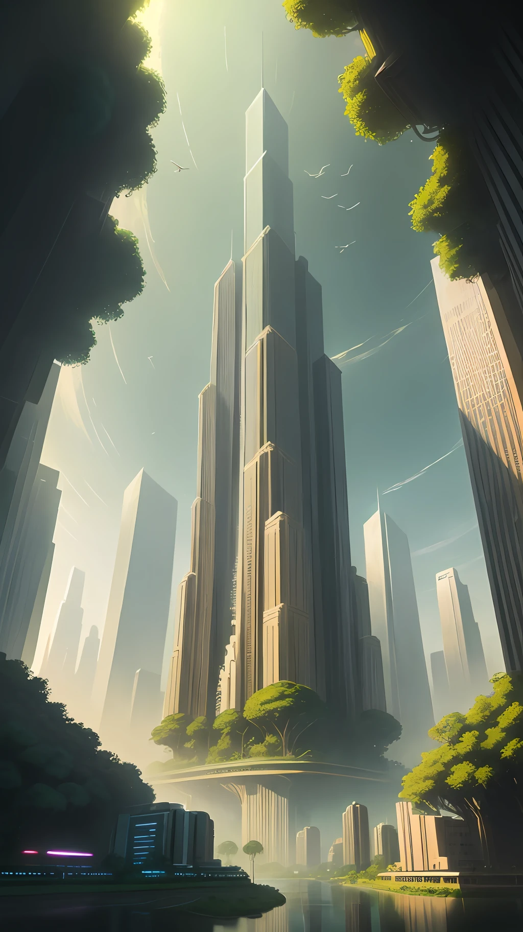 1970s scifi concept art, A sprawling cityscape where towering skyscrapers are interwoven with verdant vegetation and meandering rivers, birds flying freely among the buildings