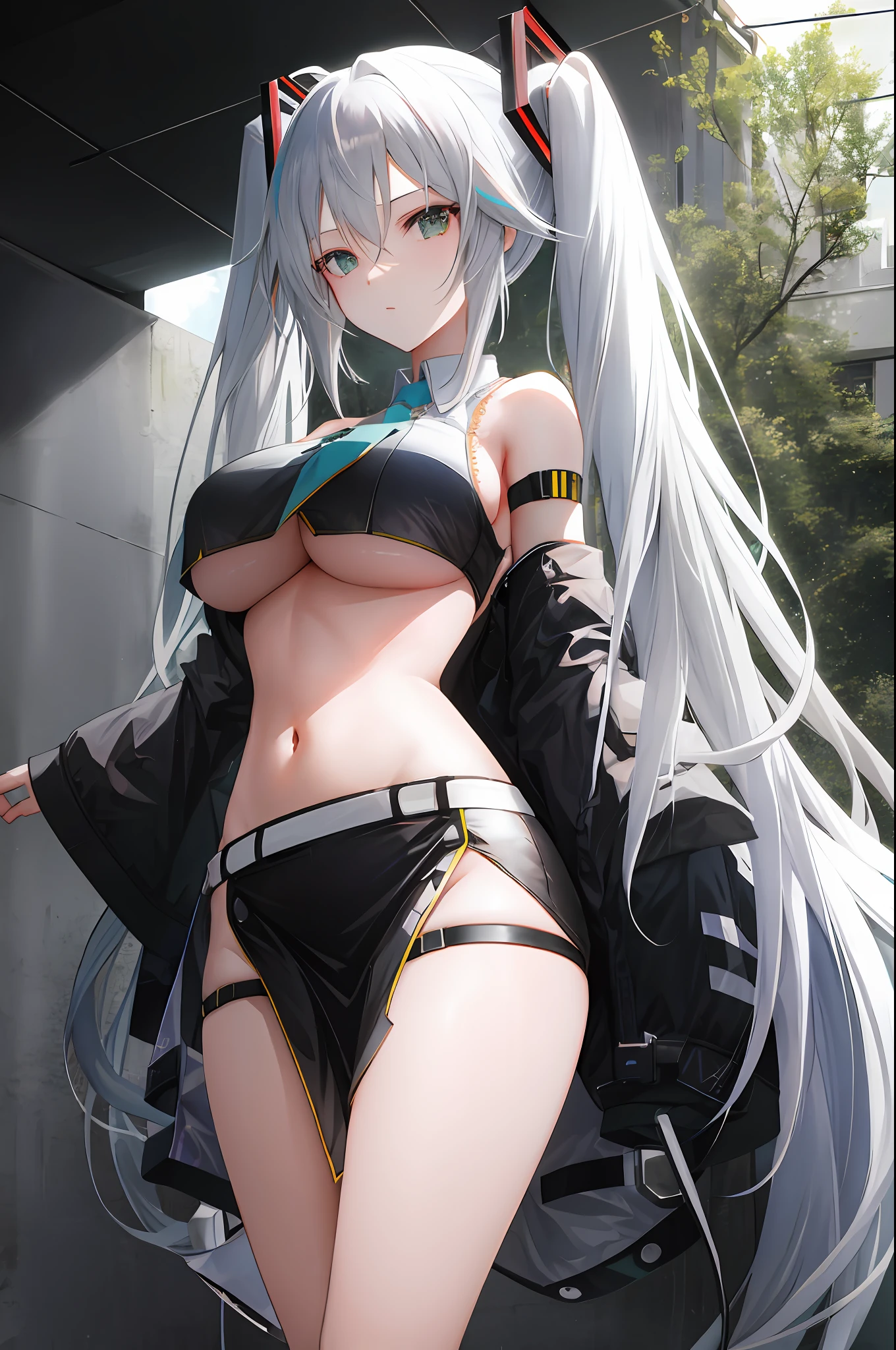 1girl, looking at the viewer, long hair, silver hair, midriff, navel, (miku), big boobs, nsfw