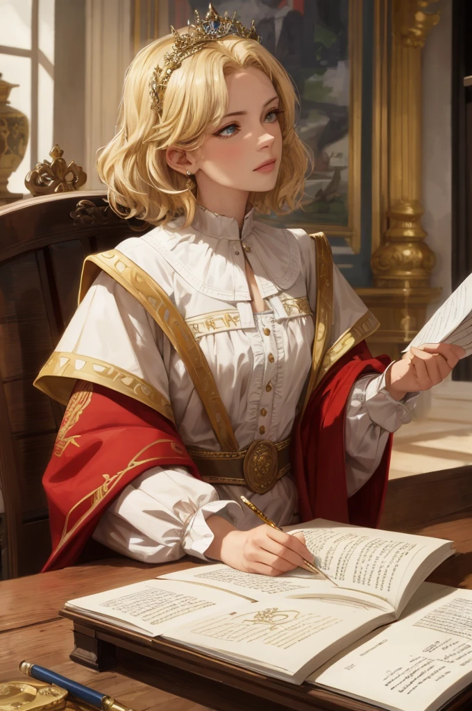(Masterpiece: 1.2, Best Quality), Realistic, (Realistic Picture, Complex Details, Depth of Field), Best Quality, Masterpiece, Highly Detailed, Semi Realistic, 1 Girl, Mature, 21 Years Old, Blonde, Shoulder Length Short Hair, Long Mao left eye, blue eyes, royal clothes, red cloak, slim figure, gold crown, reading document, marking document, quill pen, desk, soft stool, palace, palace, palace medieval