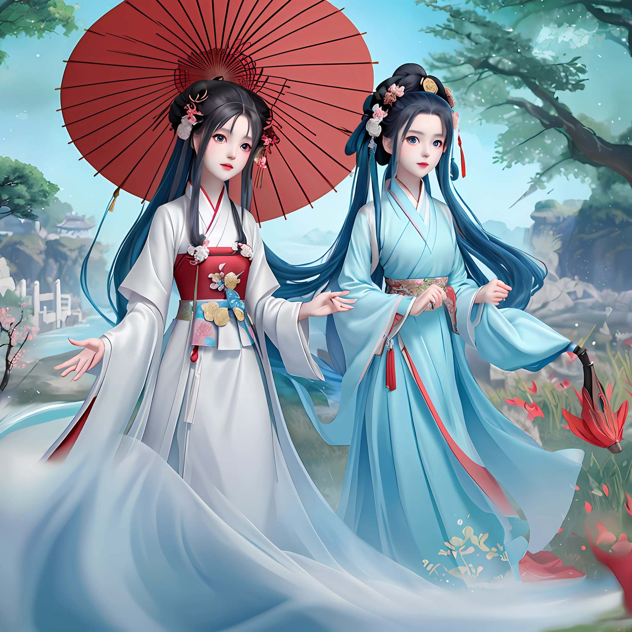 There is a woman in a red dress holding an umbrella, concept art inspired by Lanying, pixiv, renaissance, palace, a girl in Hanfu, Hanfu, white Hanfu, wearing ancient Chinese clothing, Chinese clothing, wearing ancient Chinese clothing, China Costumes, traditional costumes, anime girls cosplay, traditional Chinese costumes, Chinese style, anime style, Hayao Miyazaki style, aqua blue dreamy big eyes