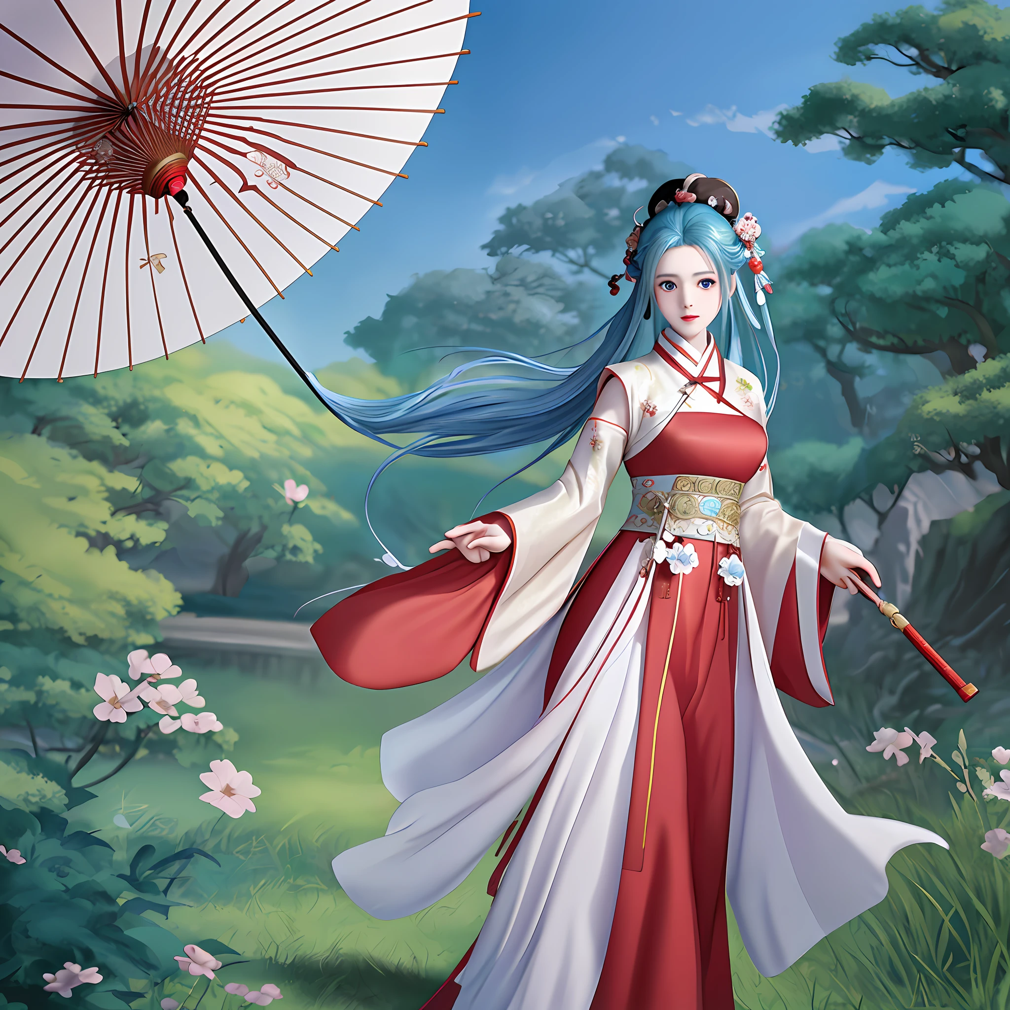 There is a woman in a red dress holding an umbrella, concept art inspired by Lanying, pixiv, renaissance, palace, a girl in Hanfu, Hanfu, white Hanfu, wearing ancient Chinese clothing, Chinese clothing, wearing ancient Chinese clothing, China Costumes, traditional costumes, anime girls cosplay, traditional Chinese costumes, Chinese style, anime style, Hayao Miyazaki style, aqua blue dreamy big eyes