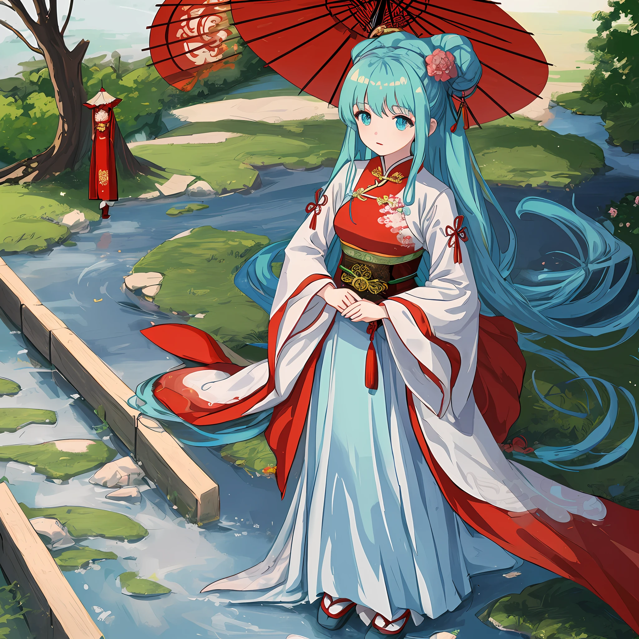 There is a woman in a red dress holding an umbrella, concept art inspired by Lanying, pixiv, renaissance, palace, a girl in Hanfu, Hanfu, white Hanfu, wearing ancient Chinese clothing, Chinese clothing, wearing ancient Chinese clothing, China Costumes, traditional costumes, anime girls cosplay, traditional Chinese costumes, Chinese style, anime style, Hayao Miyazaki style, aqua blue dreamy big eyes
