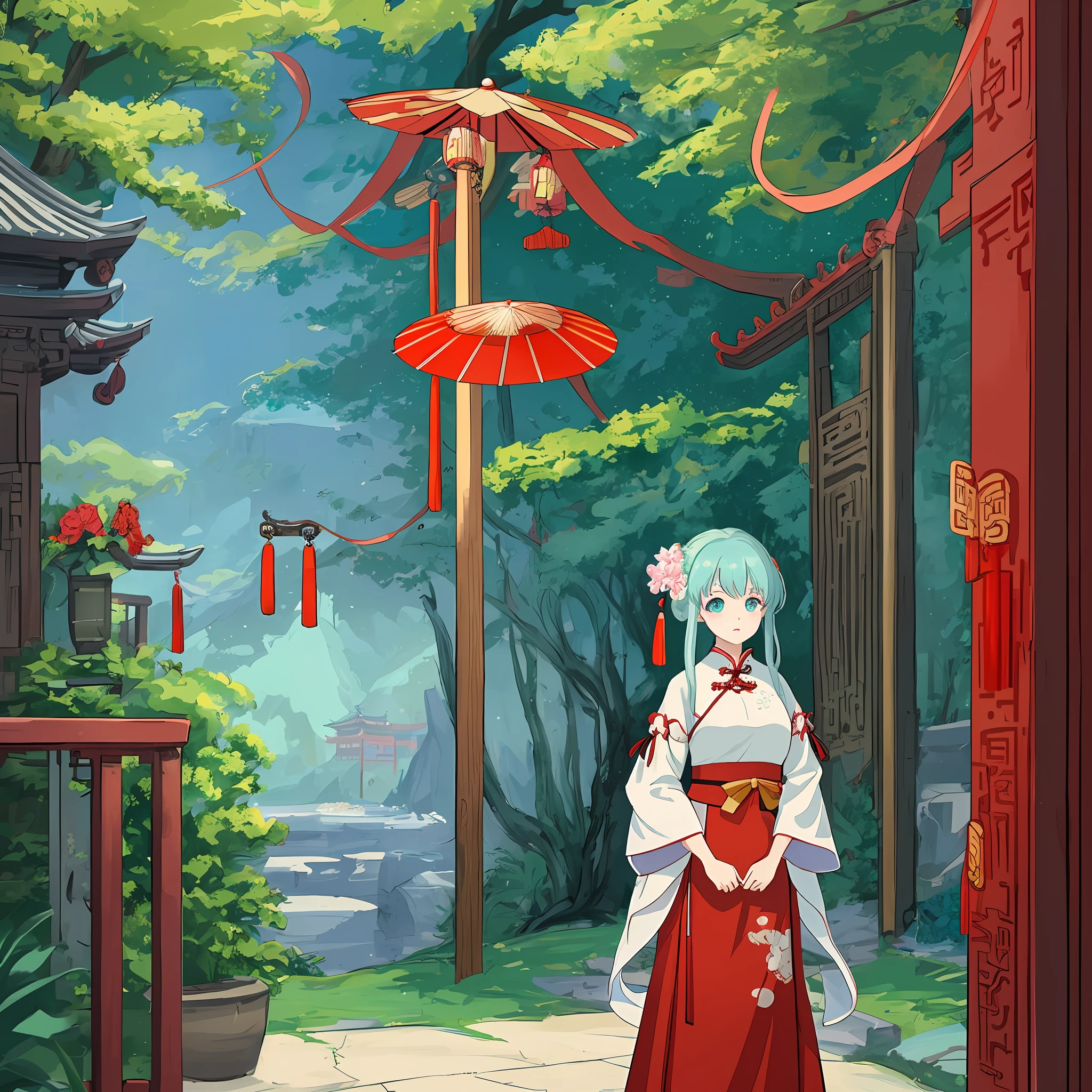 There is a woman in a red dress holding an umbrella, concept art inspired by Lanying, pixiv, renaissance, palace, a girl in Hanfu, Hanfu, white Hanfu, wearing ancient Chinese clothing, Chinese clothing, wearing ancient Chinese clothing, China Costumes, traditional costumes, anime girls cosplay, traditional Chinese costumes, Chinese style, anime style, Hayao Miyazaki style, aqua blue dreamy big eyes