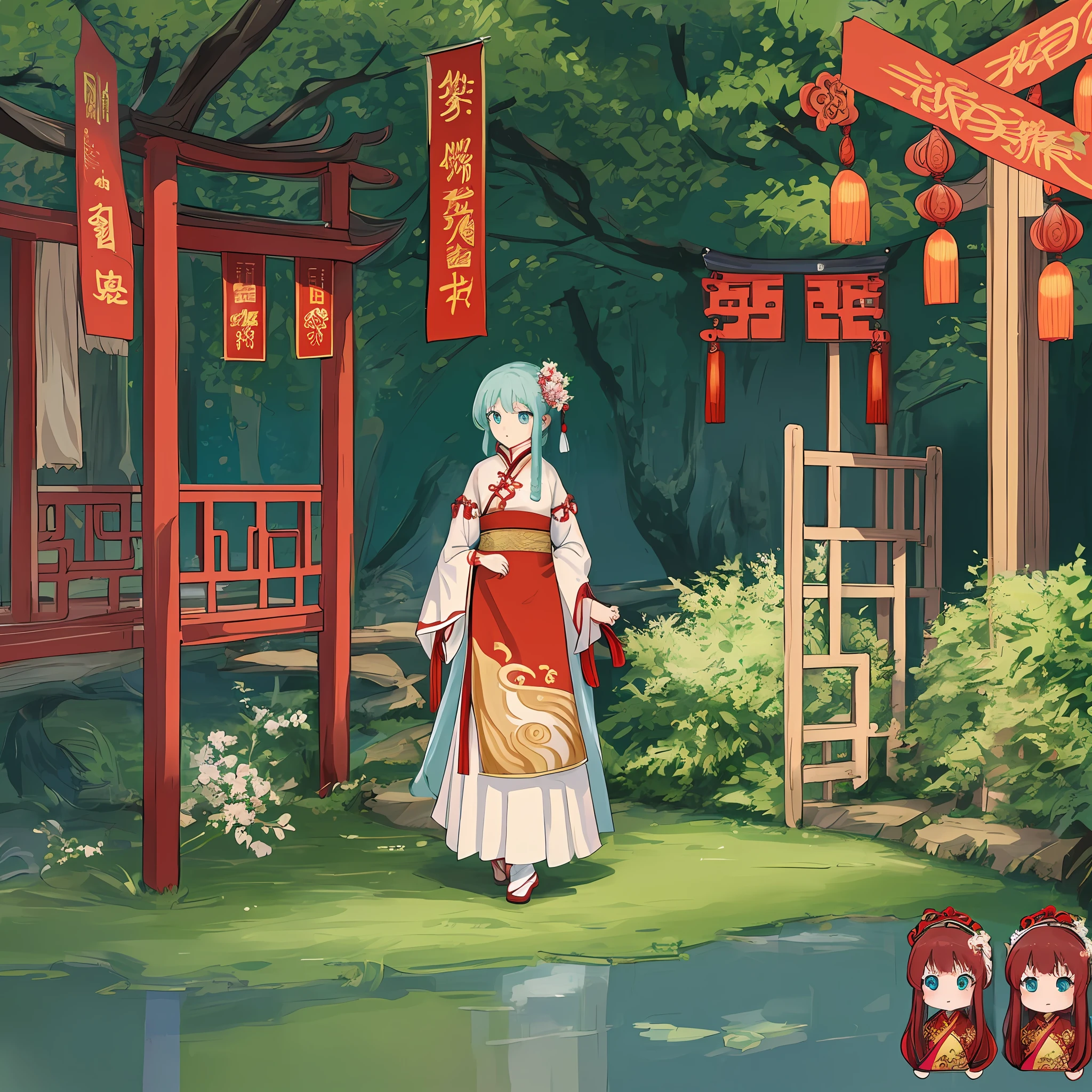 There is a woman in a red dress holding an umbrella, concept art inspired by Lanying, pixiv, renaissance, palace, a girl in Hanfu, Hanfu, white Hanfu, wearing ancient Chinese clothing, Chinese clothing, wearing ancient Chinese clothing, China Costumes, traditional costumes, anime girls cosplay, traditional Chinese costumes, Chinese style, anime style, Hayao Miyazaki style, aqua blue dreamy big eyes