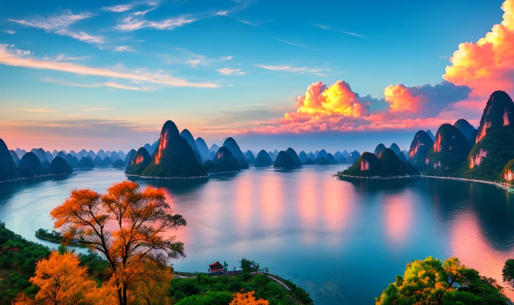 Guilin, landscape, blue sky, burning clouds, ultra-clear, 8K, depth of field, real scene, clear layers, three-dimensional,