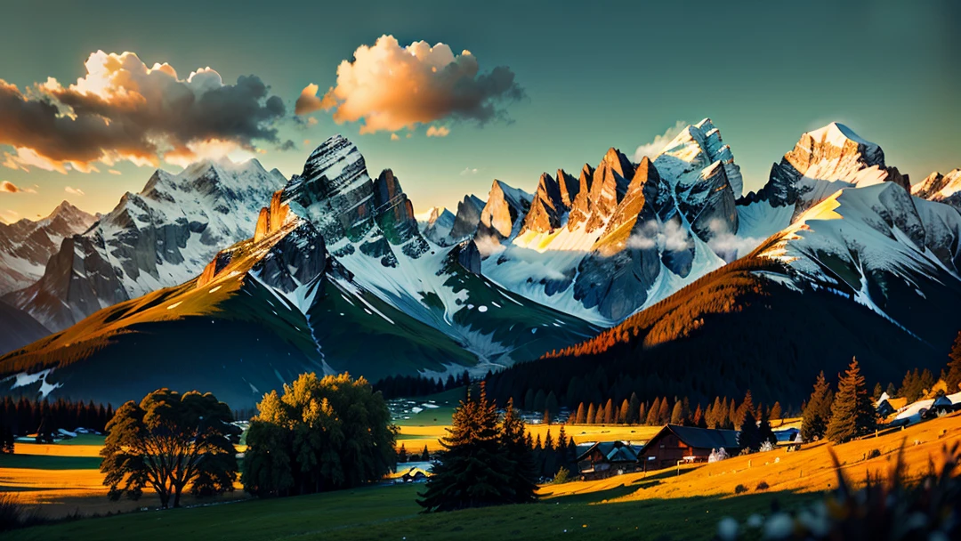 Alpine emerald green, grass, burning clouds, snow-capped mountains, dusk, depth of field, three-dimensional