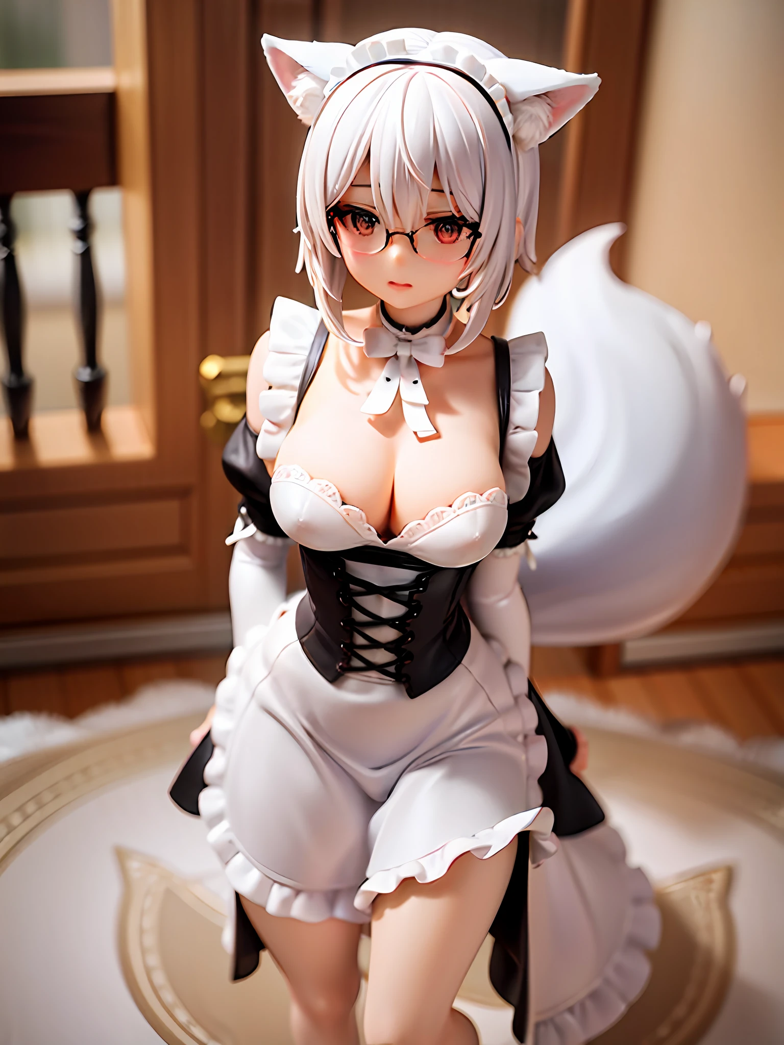 extremely delicate and beautiful, depth of field, amazing, masterpiece, visual impact, ultra-detailed, highly, Amazing finely detail, standing pose, fox ears, white hair, short hair, maid, fox tail, glasses, full body, maid, masterpiece, cafe, gorgeous, fantasism, contour deepening, high-key and low-variance brightness scale, soft light, light and dark interlaced, figure stand at the base