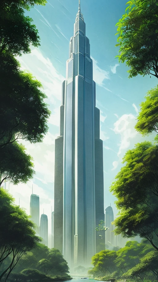 1970s scifi concept art, A sprawling cityscape where towering skyscrapers are interwoven with verdant vegetation and meandering rivers, birds flying freely among the buildings