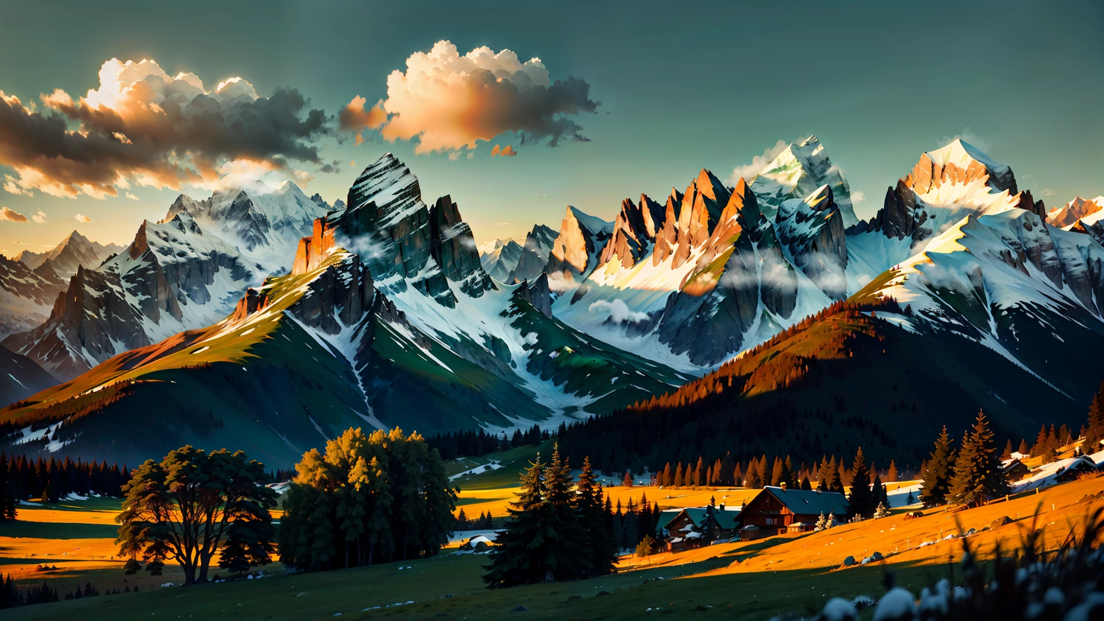 Alpine emerald green, grass, burning clouds, snow-capped mountains, dusk, depth of field, three-dimensional