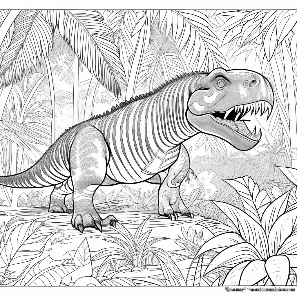 coloring page for kids, tyranosaurus rex in a jungle, cartoon style, thick lines, low detail, no shading--ar 9:11 --v 5-