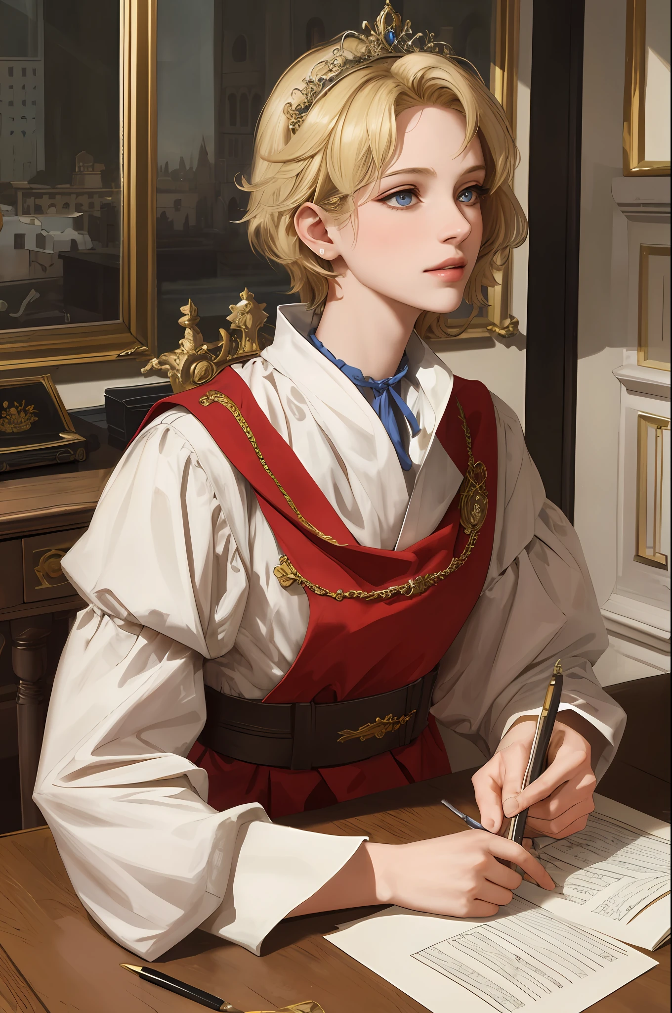 (Masterpiece: 1.2, Best Quality), Realistic, (Realistic Picture, Complex Details, Depth of Field), Best Quality, Masterpiece, Highly Detailed, Semi Realistic, 1 Girl, Mature, 21 Years Old, Blonde, Shoulder Length Short Hair, Long Mao left eye, blue eyes, royal clothes, red cloak, slim figure, gold crown, reading document, marking document, quill pen, desk, soft stool, palace, palace, palace medieval