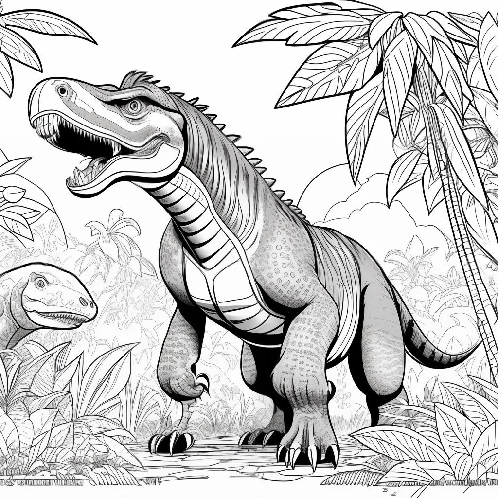 coloring page for kids, tyranosaurus rex in a jungle, cartoon style, thick lines, low detail, no shading--ar 9:11 --v 5-