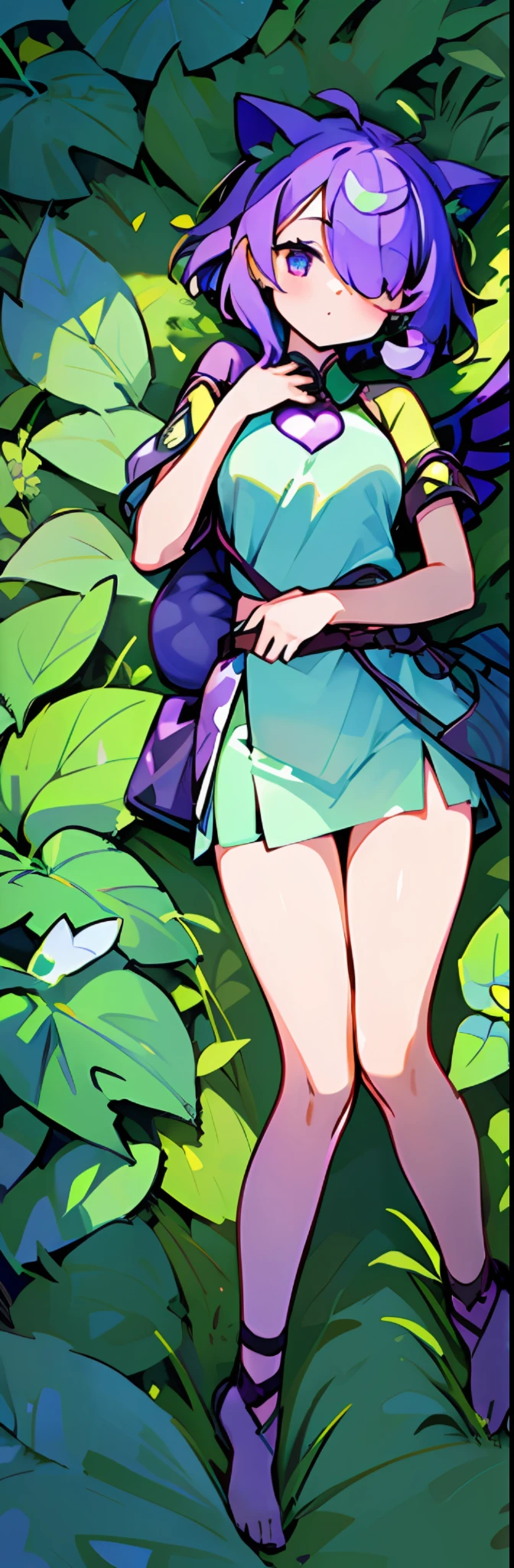 1girl, ((heart shaped leaves, purple_yam, winged_yam, ube,)) (((full body,)) leaf, garden, plant, plant girl,) teal eyes, cat cat ears, sweet beautiful woman, (glowing wings, purple hair, green streaks in hair, ((hair over one eye,))) ((masterpiece)), colorful, (extremely detailed CG unity 8k wallpaper), (masterpiece), (best quality), (ultra-detailed), (best illustration),(best shadow), lying down, dakimakura print,