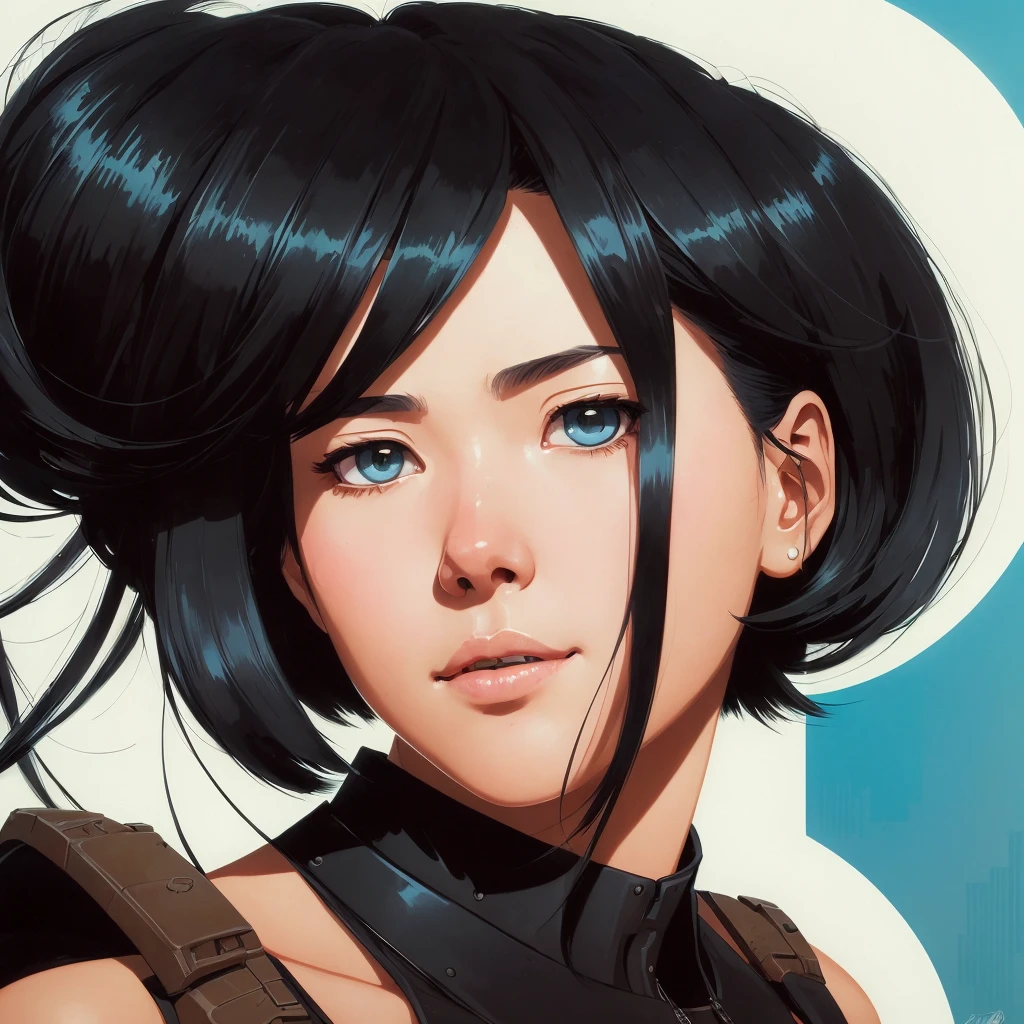 highly detailed portrait of halo,1girl, blue eyes, black hair,sleeveless dress, Asian women by atey ghailan, by greg rutkowski, by greg tocchini, by james gilleard, by joe fenton, by kaethe butcher,graffiti tag wall background