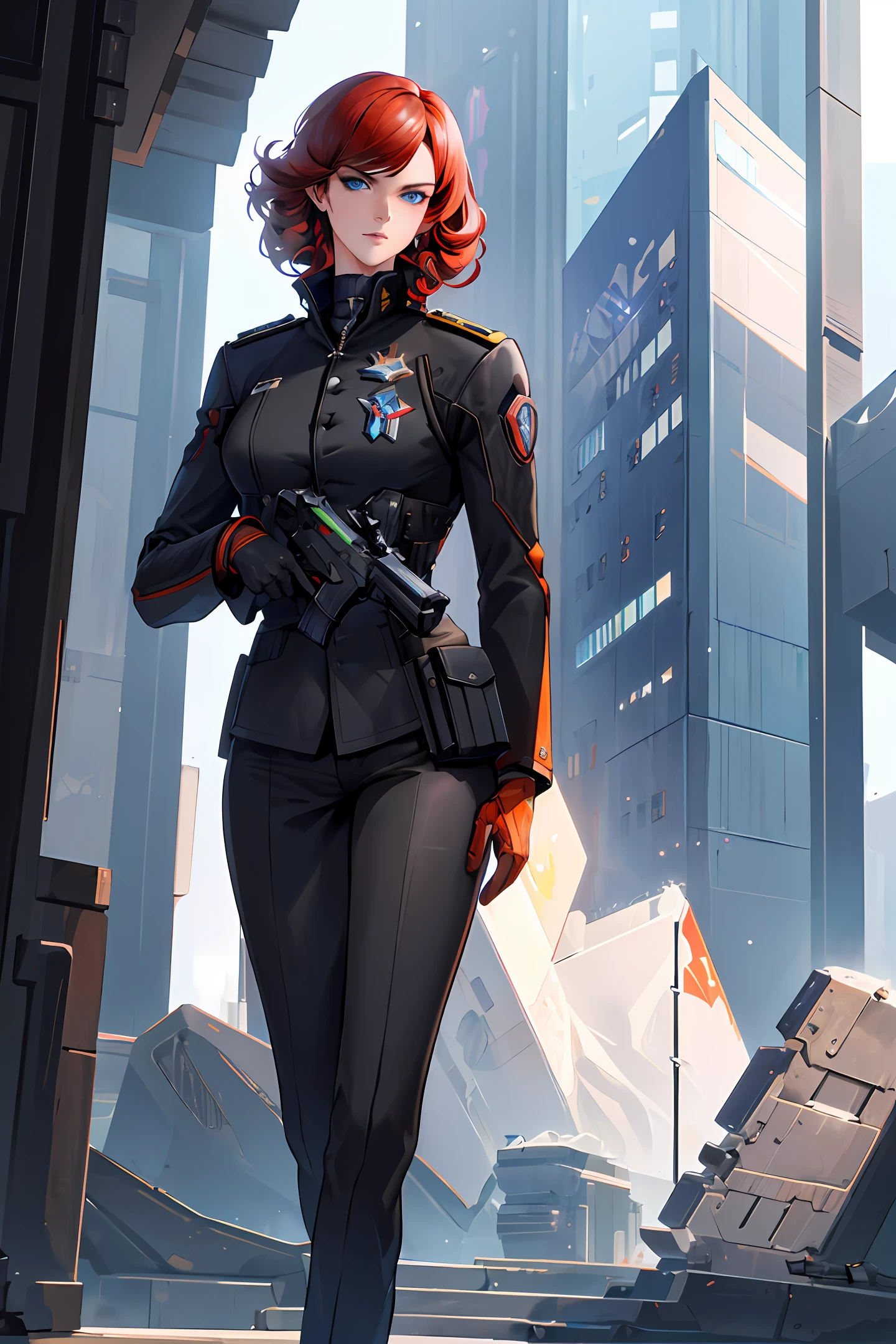(highest resolution, distinct_image) best quality, cyberpunk, 30-year-old handsome and cold woman (casual pose) (holding gun) (huge spaceship behind), masterpiece, semi-realistic, , short red hair, curly hair, blue Eyes, cold eyes, tall and strong, handsome, black clothes, black uniform, military uniform, black jacket, black trousers, military school, cold, serious, tall, handsome, autocratic, powerful, overwatch