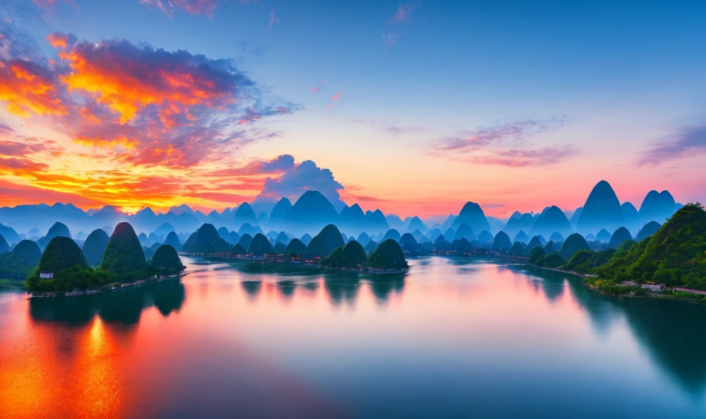 Guilin, mountains and rivers, blue sky, burning clouds all over the sky, ultra-clear, 8K, depth of field, real scene, cloudy, three-dimensional