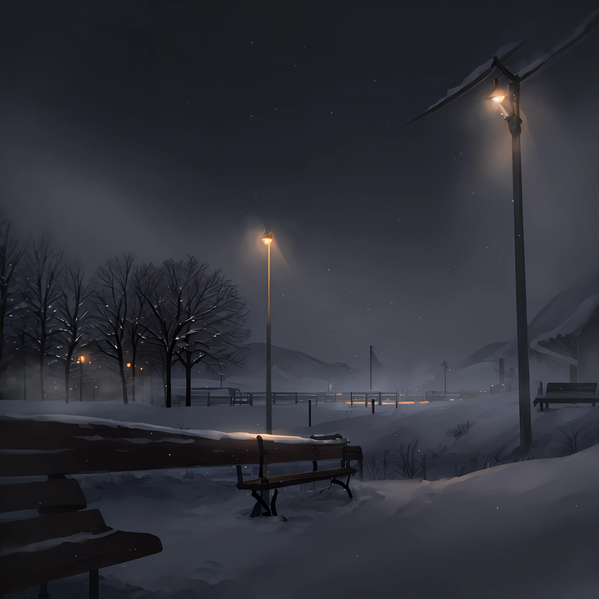 Snowfall, Light pole behind the bench, fog, night, Can not see the way from which way