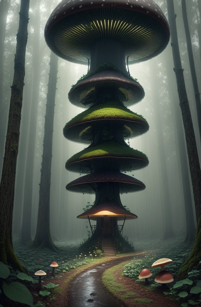A giant mushrooms forest, with intense rainfall, monochromatic, vines all around, giant and wet trees, masterpiece, best quality, high quality, extremely detailed CG unity 8k wallpaper, oil paiting, award winning photography, Bokeh, Depth of Field, HDR, bloom, Chromatic Aberration ,Photorealistic,extremely detailed, trending on artstation, trending on CGsociety, Intricate, High Detail, dramatic, art by midjourney, volumetric lighting