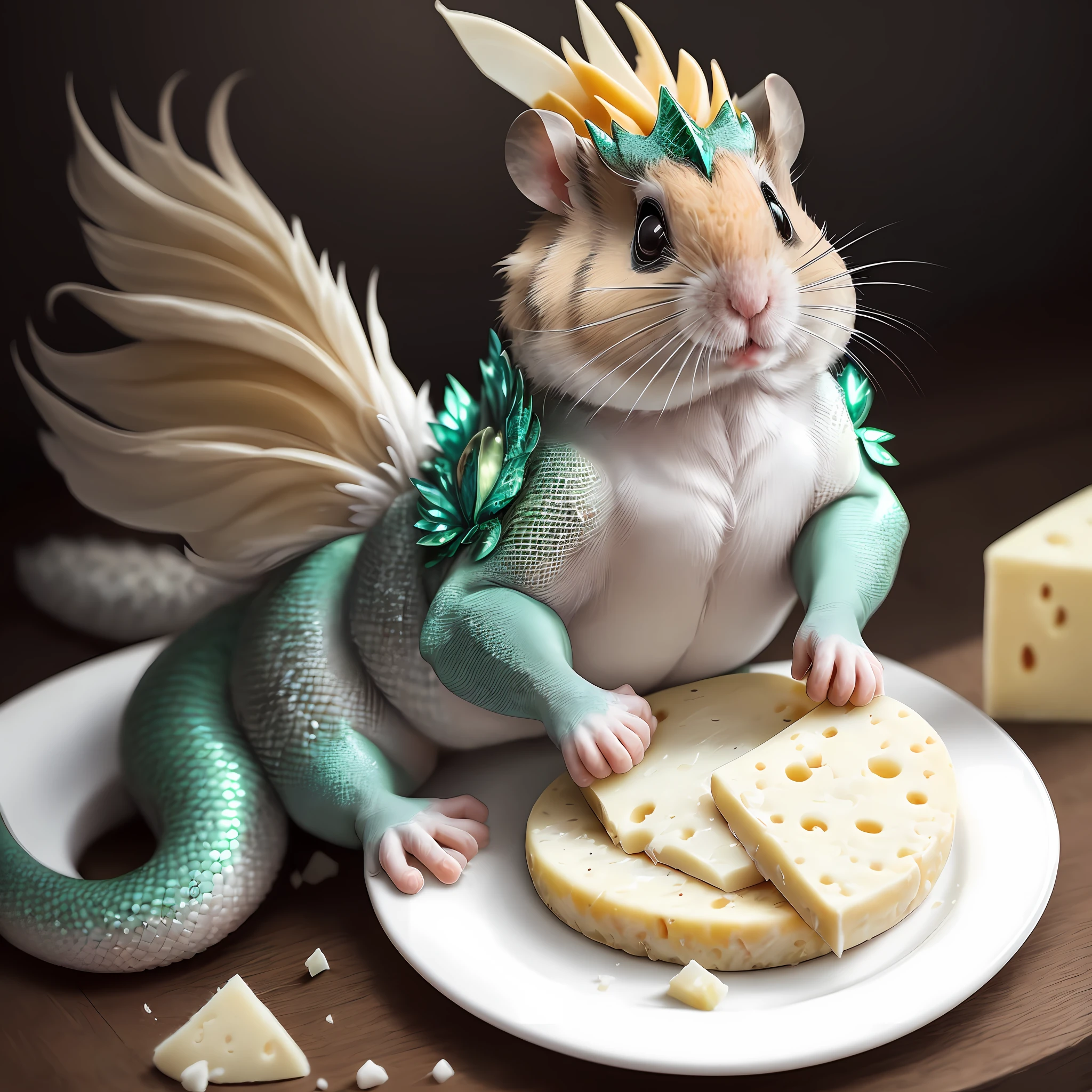A majestic Hamstersdragon with stunning plumage, mesmerizing wide eyes, and shimmering scales, indulging in a savory piece of cheese.