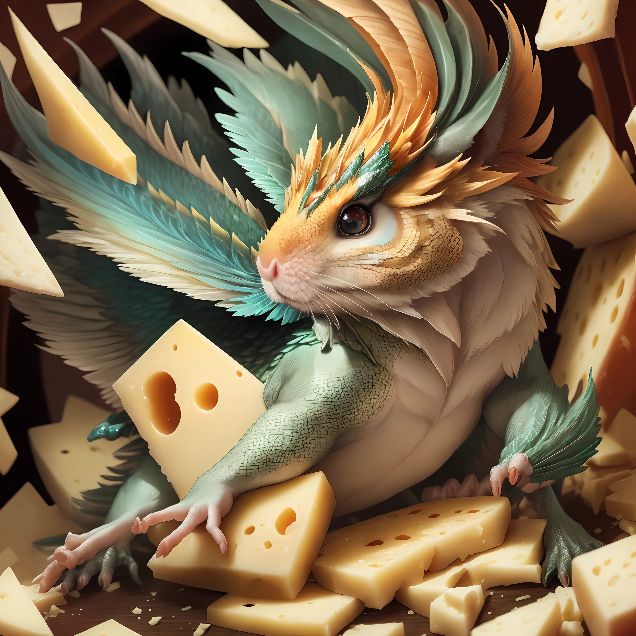 A majestic hamsterragon with stunning plumage, mesmerizing wide eyes, and shimmering scales, eating piece of cheese.