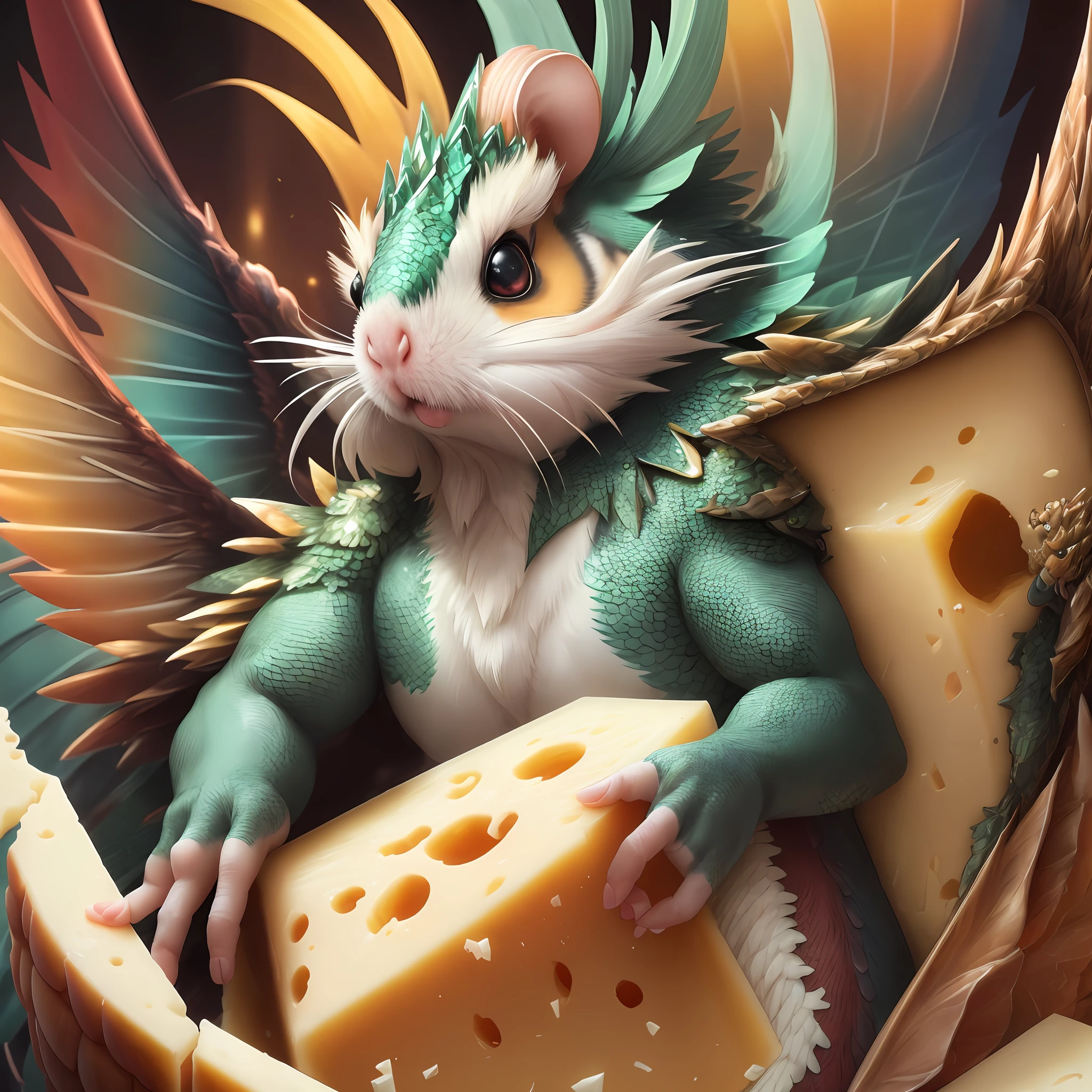 A majestic hamsterragon with stunning plumage, mesmerizing wide eyes, and shimmering scales, eating piece of cheese.