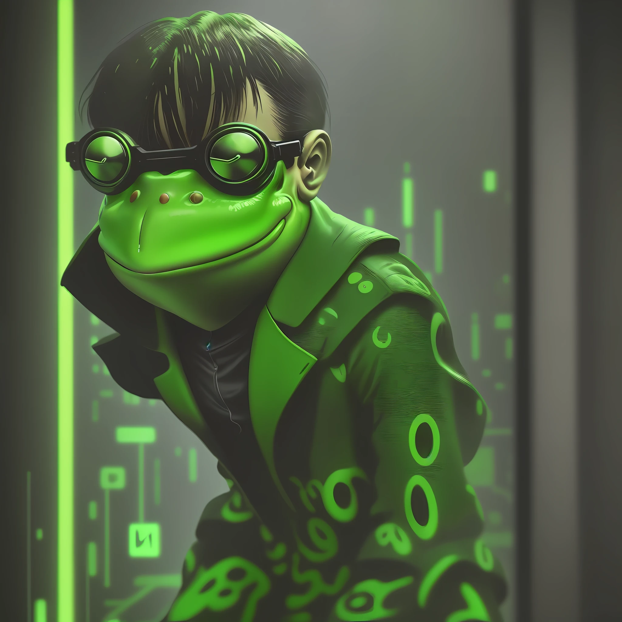 Funny frog in a Matrix style artwork. The Matrix style refers to the visual aesthetic inspired by the iconic film "The Matrix". It typically features a green hue, digital rain, and a futuristic, dystopian atmosphere. The style often incorporates elements such as glitch effects, code-like symbols, and a high-tech cyberpunk vibe.