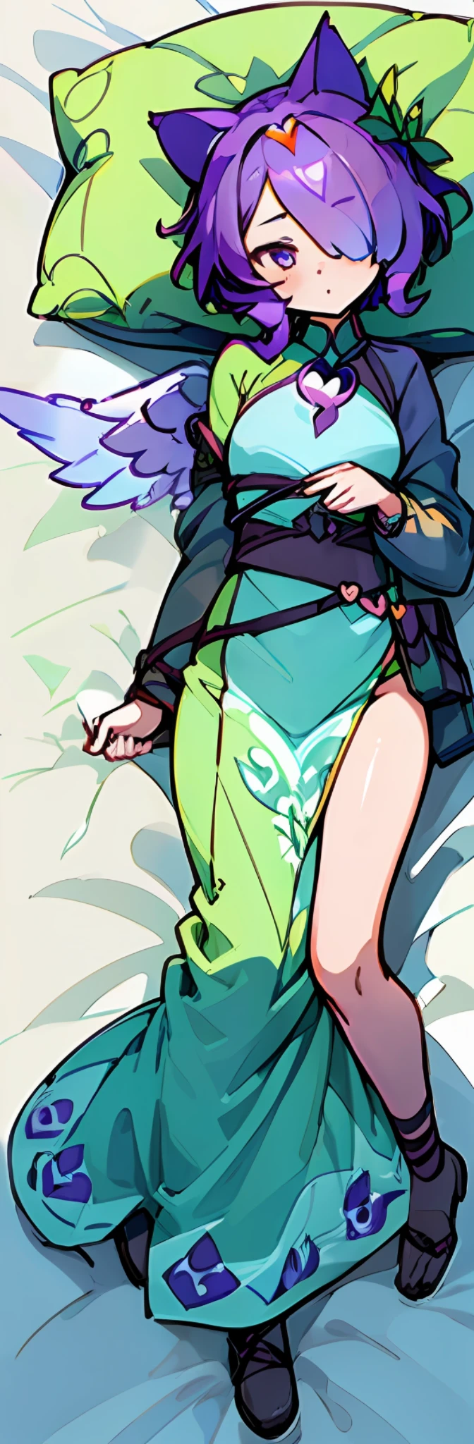 1girl, ((heart shaped leaves, purple_yam, winged_yam, ube,)) (((full body,)) leaf, garden, plant, plant girl,) teal eyes, cat cat ears, sweet beautiful woman, ((((glowing wings))), purple hair, green streaks in hair, ((hair over one eye,))) ((masterpiece)), colorful, (extremely detailed CG unity 8k wallpaper), (masterpiece), (best quality), (ultra-detailed), (best illustration),(best shadow), lying down, dakimakura print,