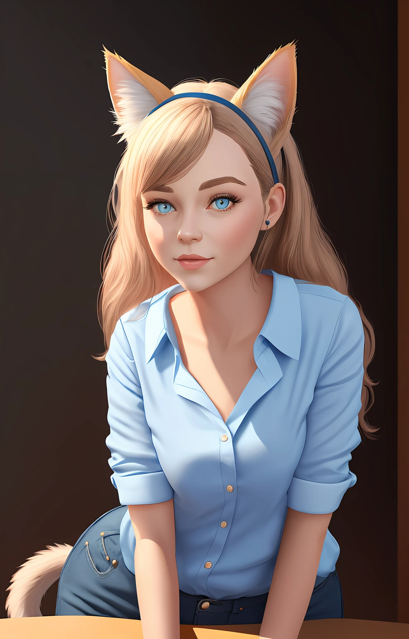 there is a lady with cat ears and tail that is wearing a light blue shirt and sitting on a table, adorable digital painting, cute detailed digital art, digital painting highly detailed, , ultra realistic, painted in high resolution, beautiful face