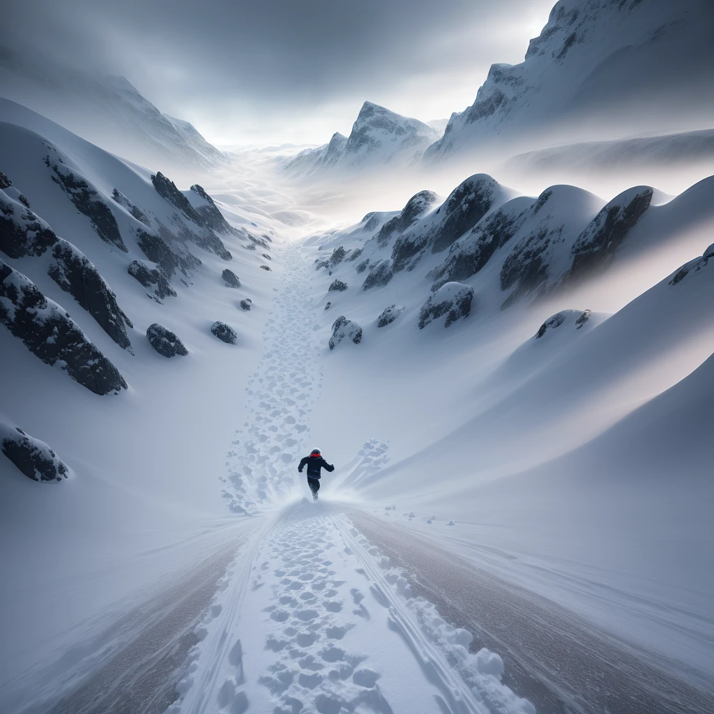 man running away in the snow during a storm, top view