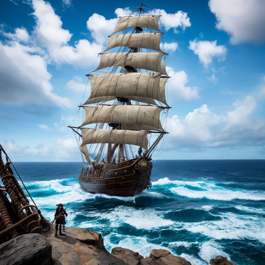 pirates of the carribean , pirate ship in background in vast sea, sea waves , blue sky with small clouds, jack sparrow standing on the rock and using binoculersw, hyper realistic, 4k quality photo, high resolution, high quality , photorealistic, super detailed, super detaileed photo, super detail texture, landscape shot, shot with sony alpha camera, sword in his right hand , binoculers in left hand
