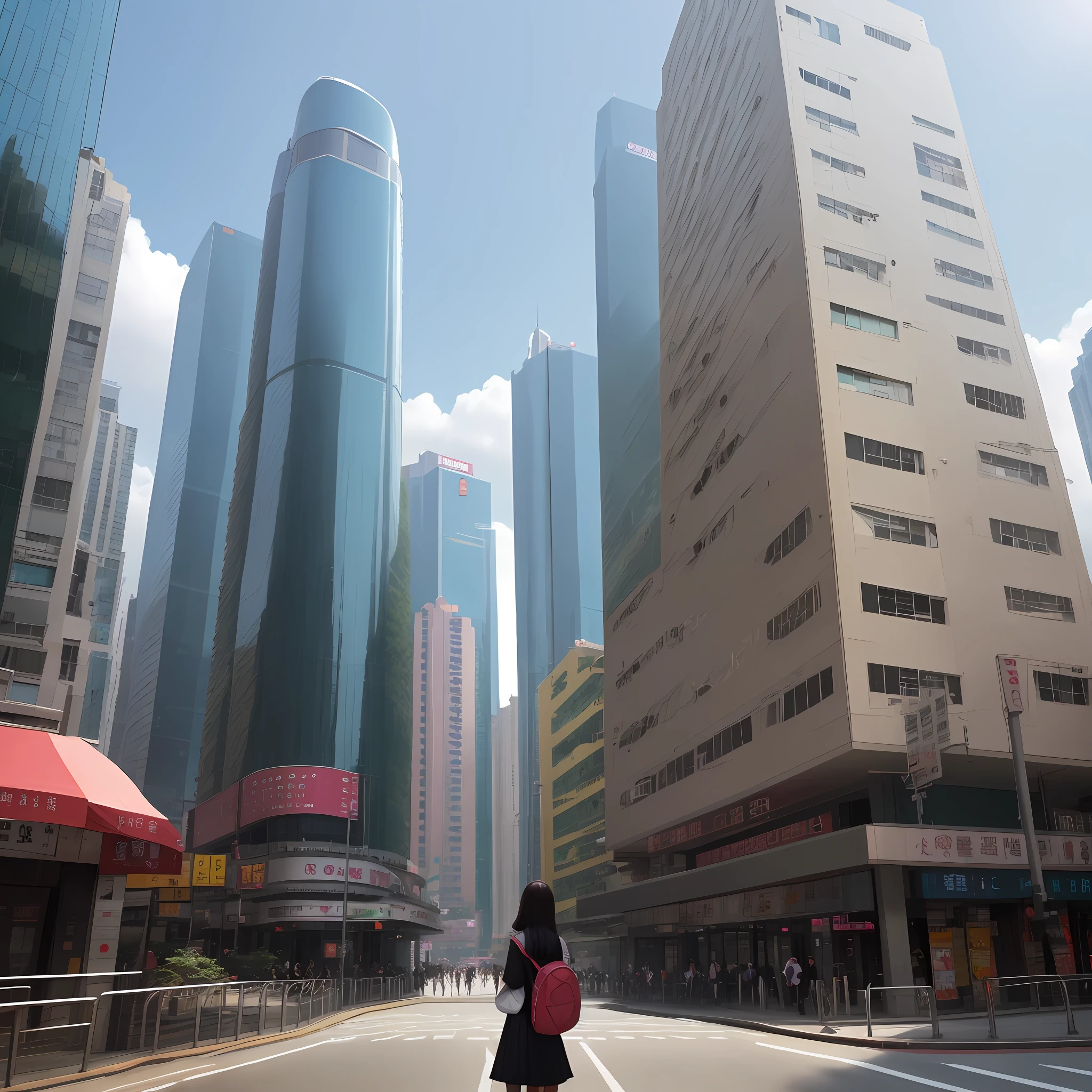 central, hong kong, street, trees, new, 2023, building, sunshine, girl back