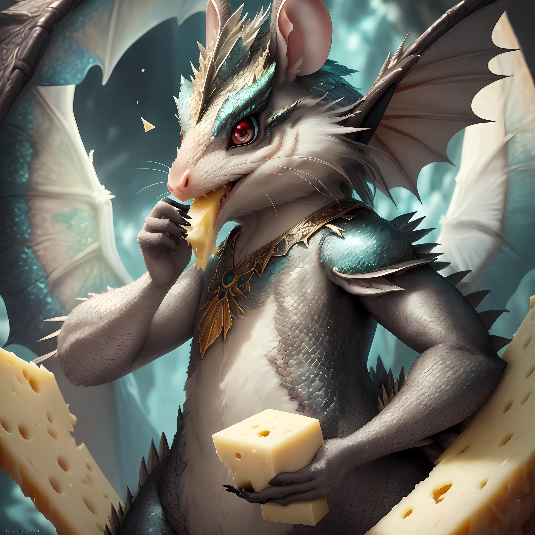 A majestic mousedragon with stunning plumage, mesmerizing wide eyes, and shimmering scales, eating piece of cheese.