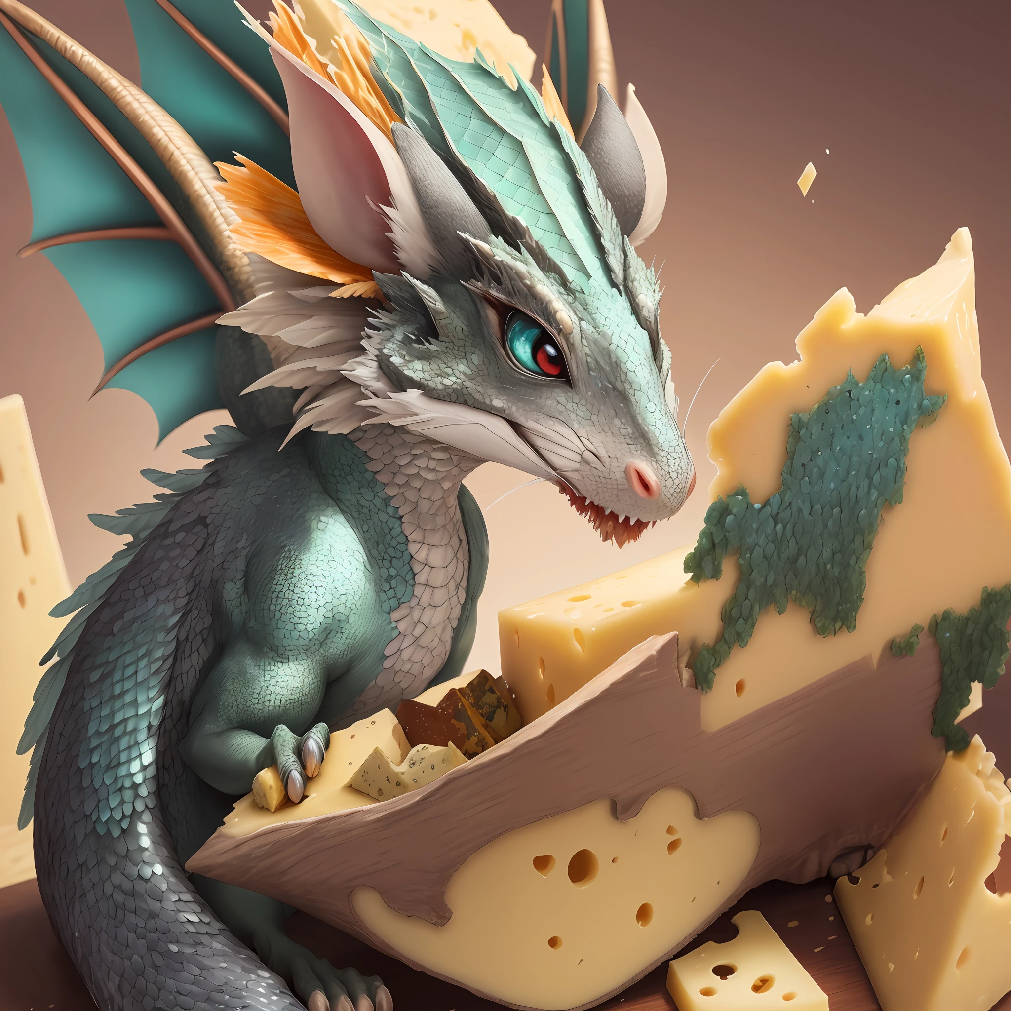 A majestic mousedragon with stunning plumage, mesmerizing wide eyes, and shimmering scales, eating piece of cheese.