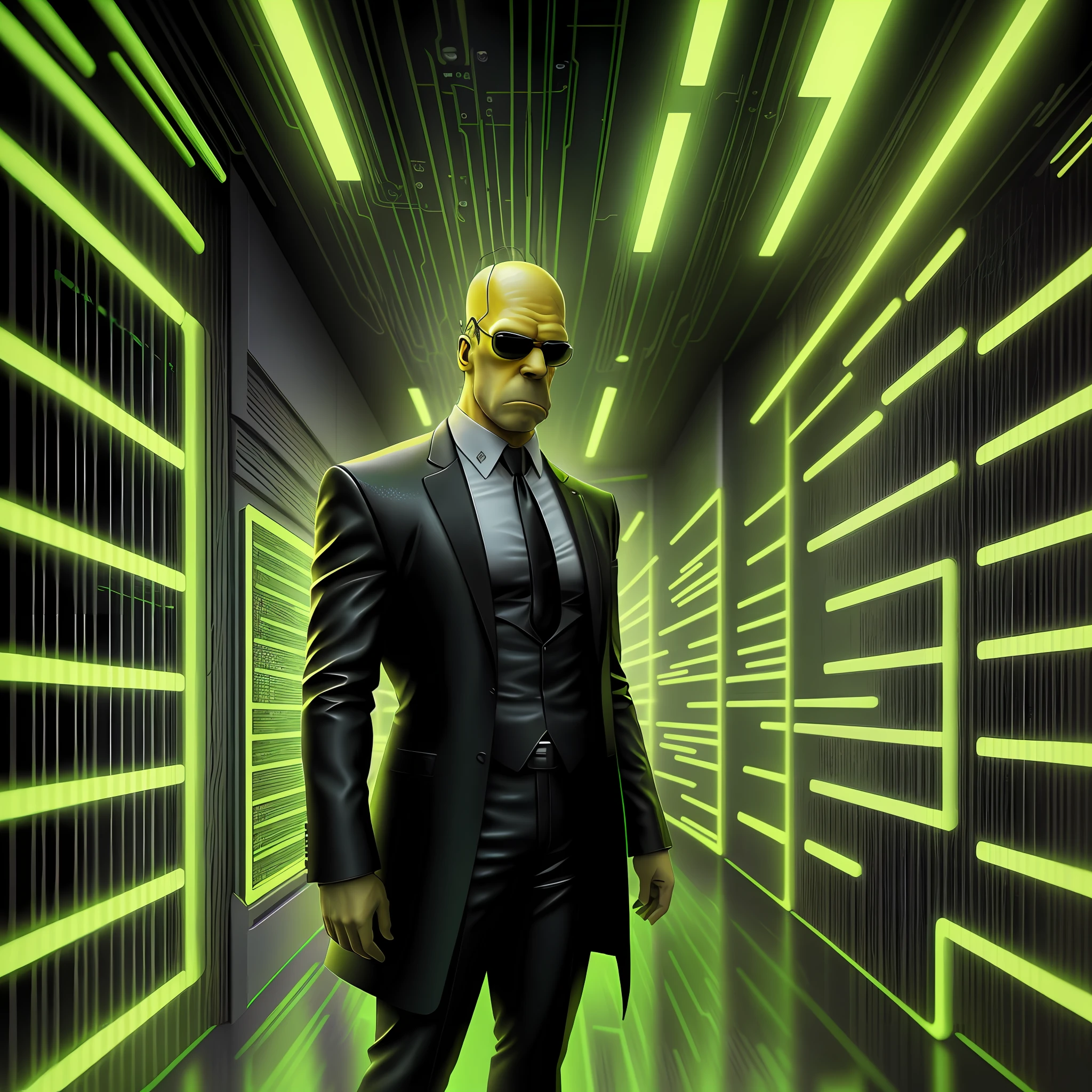 Homer Simpson in a Matrix-style artwork. The Matrix style refers to the visual aesthetic inspired by the iconic film &quot;The Matrix&quot;. It typically features a green hue, digital rain, and a futuristic, dystopian atmosphere. The style often incorporates elements such as glitch effects, code-like symbols, and a high-tech cyberpunk vibe.