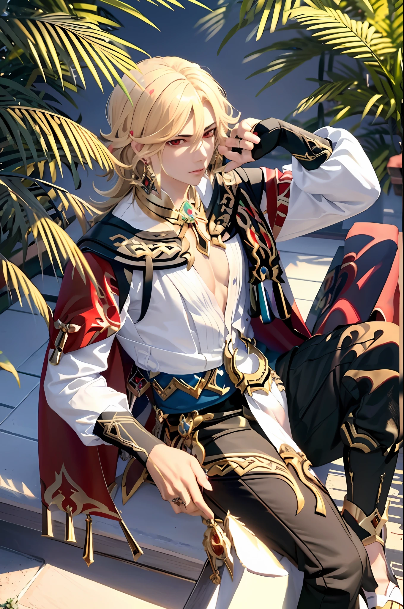 masterpiece, best quality, kaveh (original god), 1boy, male focus, solo, blonde hair, looking at viewer, book, hair accessories, jewelry, long hair, holding, red eyes, earrings, feather hair accessories, (kbxll: 0.6 )