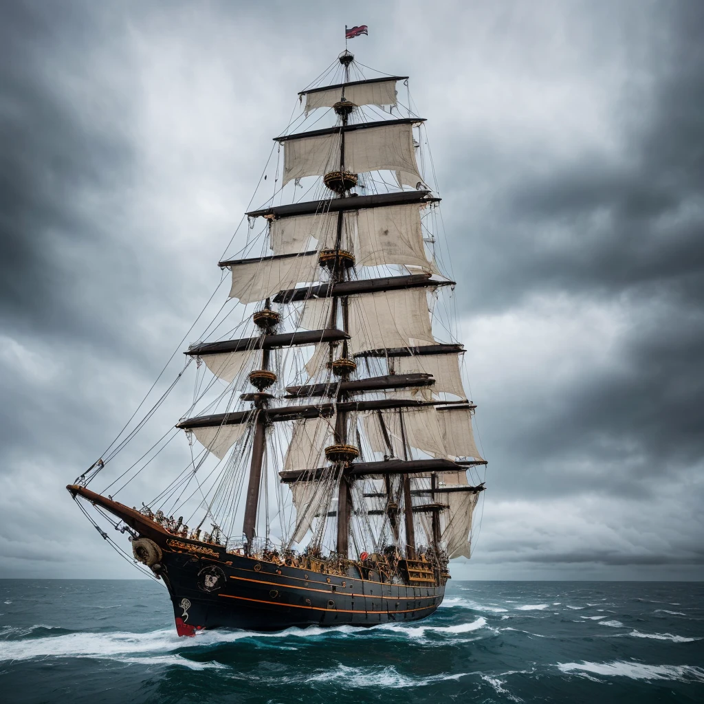 a super detailed largte pirate ship , damaged pirate ship, in landscape shot, shot with sony alpha camera, ship standing in vast sea, sea waves, dark cloudy weather, an island in the background, 4k quality photo, high resolution, high quality , photorealistic, super detailed, super detaileed photo, super detail texture, little bit of raining , in front of ship there is a black skull logo, torn up sail of ship, lots of pirates on the ship, 45degree angle shot of the ship deck,