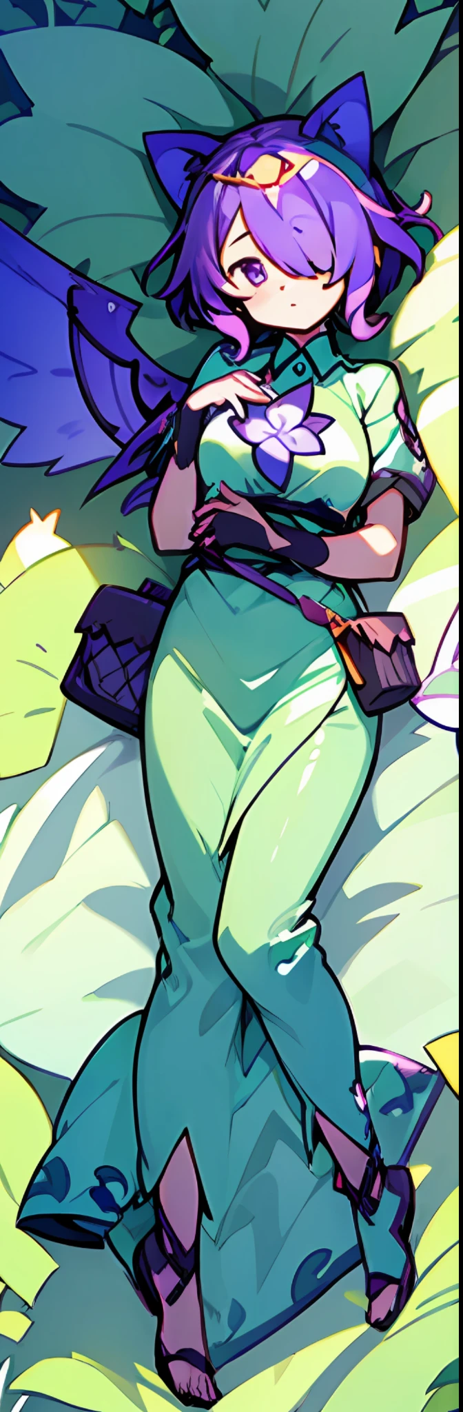 1girl, ((heart shaped leaves, purple_yam, winged_yam, ube,)) (((full body,)) leaf, garden, plant, plant girl,) teal eyes, cat cat ears, sweet beautiful woman, ((glowing wings), purple hair, green streaks in hair, ((hair over one eye,))) ((masterpiece)), colorful, (extremely detailed CG unity 8k wallpaper), (masterpiece), (best quality), (ultra-detailed), (best illustration),(best shadow), lying down, dakimakura print, 5 fingers,