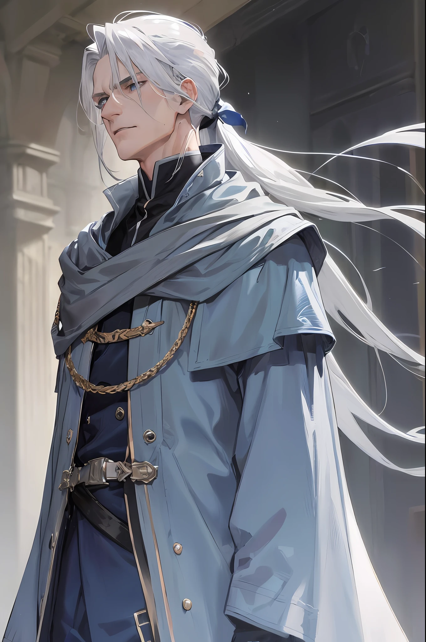 Masterpiece, best quality, 1 man, elderly man, militaristic, white hair, gray blue eyes, forked hair, long hair, long bangs, high ponytail, handsome, masculine, serious, gentle, tall, quiet, dark clothes, gray blue clothes, dark blue clothes, fire pattern, outdoor, cloak